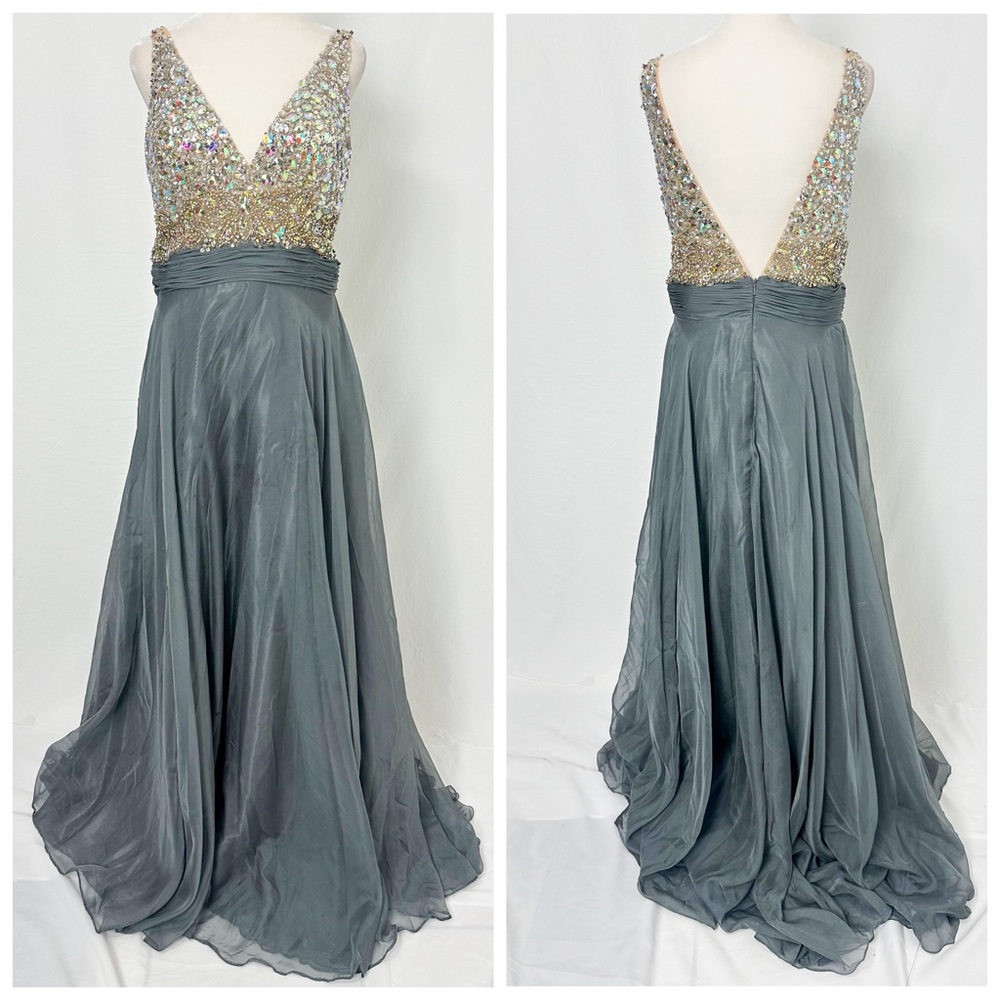 Elegant Gray Evening Gown with Sequin Bodice